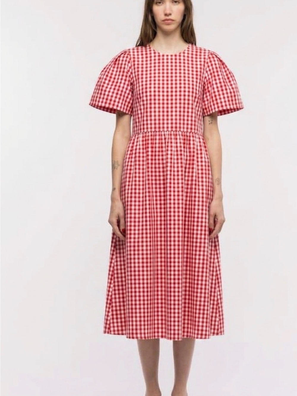TOIT VOLANT /Red Gingham Midi Dress with Puff Sleeves/ XS/S NWT / PTP-18” $235